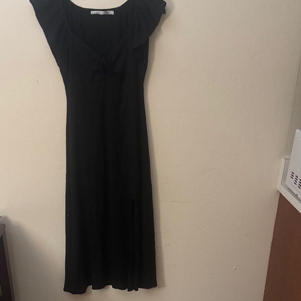 Black Tie-Front Flutter Sleeve Dress